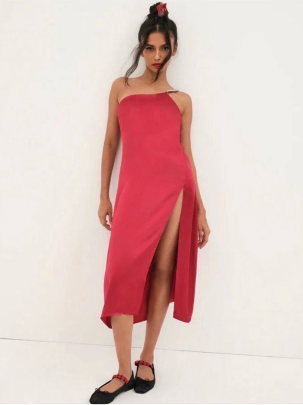 For Love And Lemons Elora One-Shoulder Red Midi Dress with High Side Slit